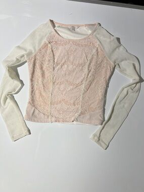 Guess Lace-Front Long Sleeve Top in Blush and Cream